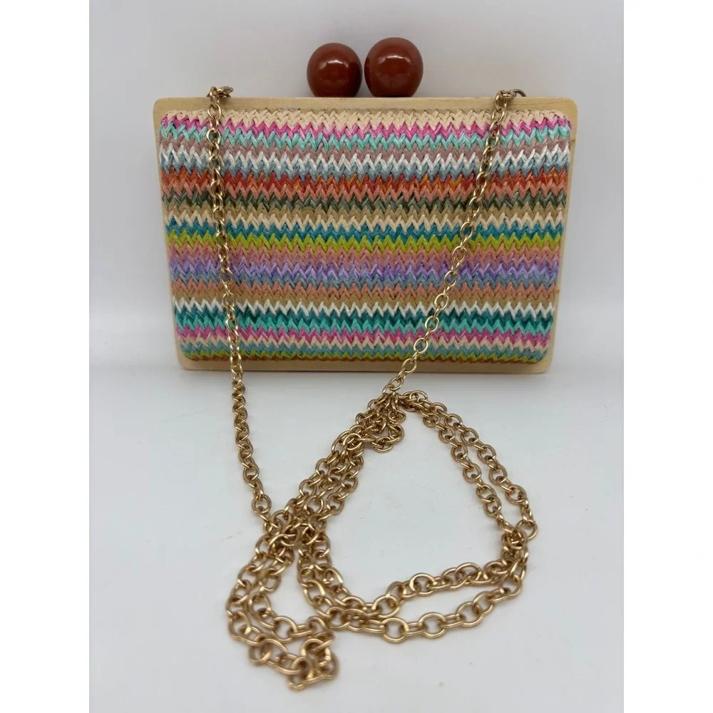 Bohemian Woven Chevron Clutch Multi-Color Wood Frame Ball Clasp Chic